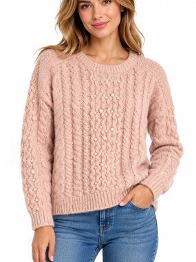 RD Style Conscious Pearl Embellished Cable Knit Sweater Size S